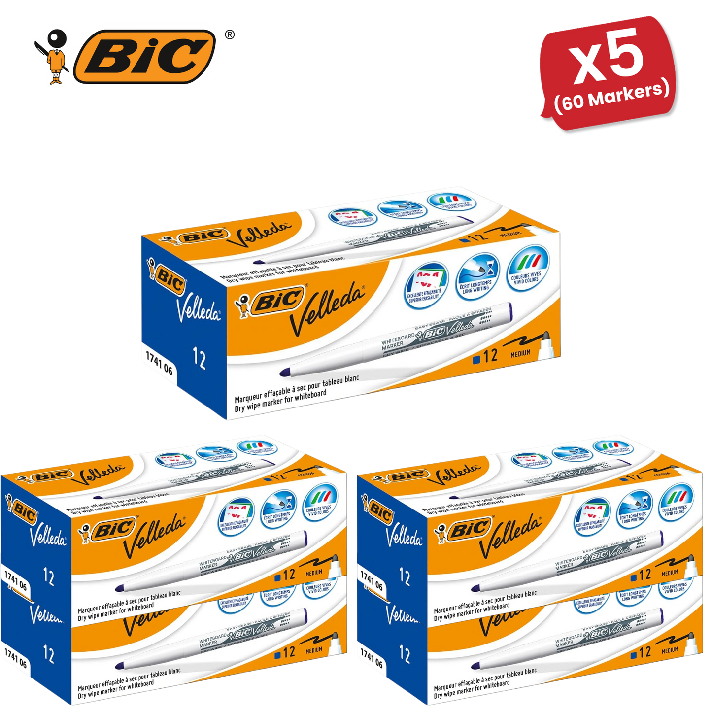 Bic Velleda 1741 Whiteboard Drywipe Markers Blue  - Box of 12 - 1 to 5 Packs