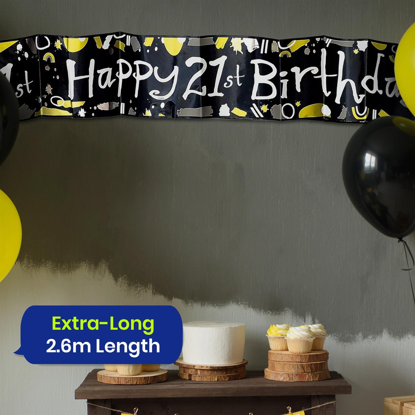 Happy 21st Birthday Black and White Recyclable Banner - 2.6m