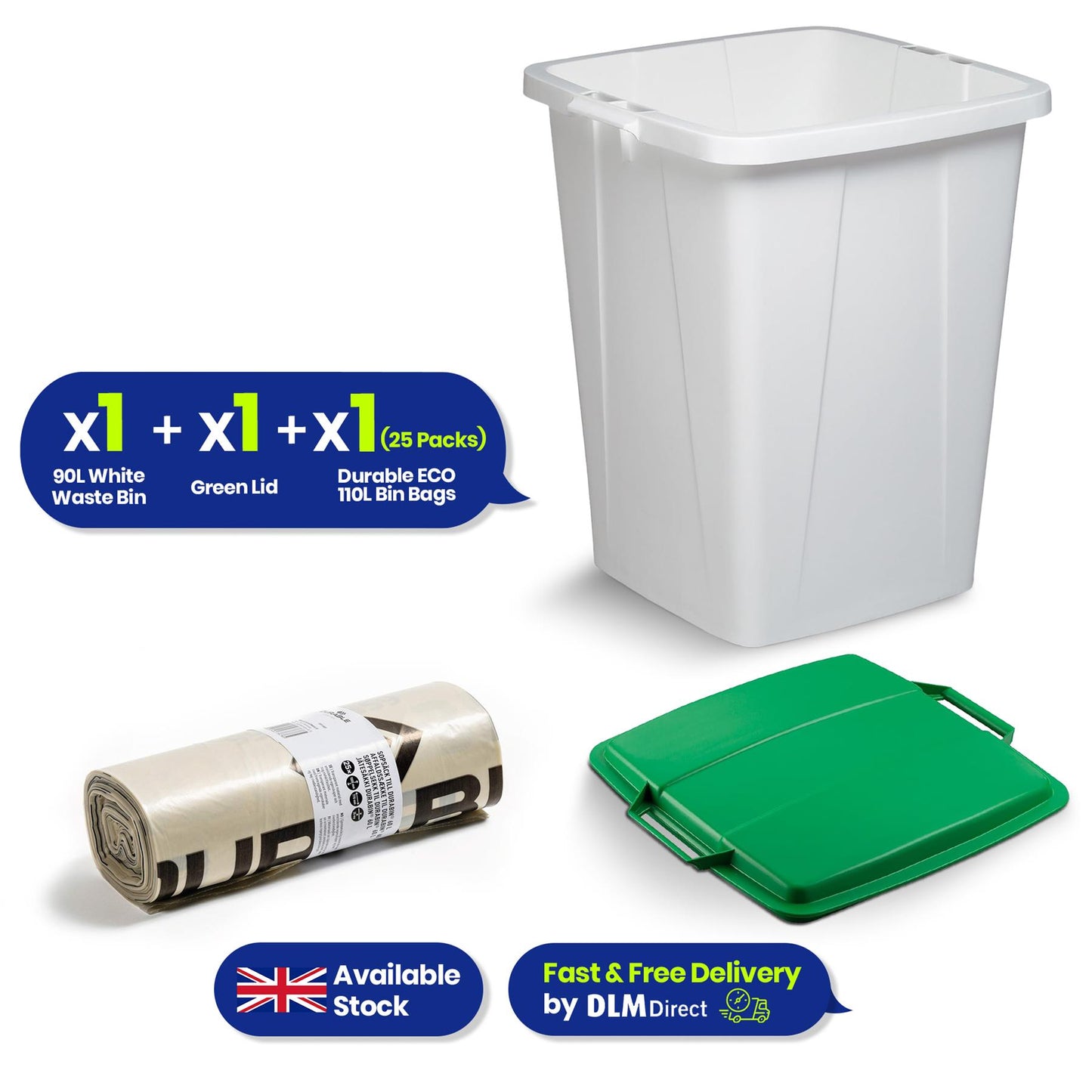 DURABIN 90L White Bin with Green Lid and 25x 110L Recycled Bin Bags for Everyday Use