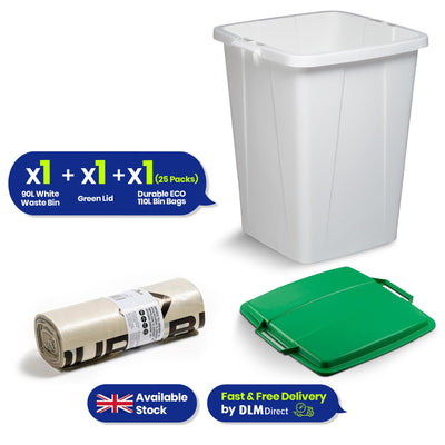 DURABIN 90L White Bin with Green Lid and 25x 110L Recycled Bin Bags for Everyday Use