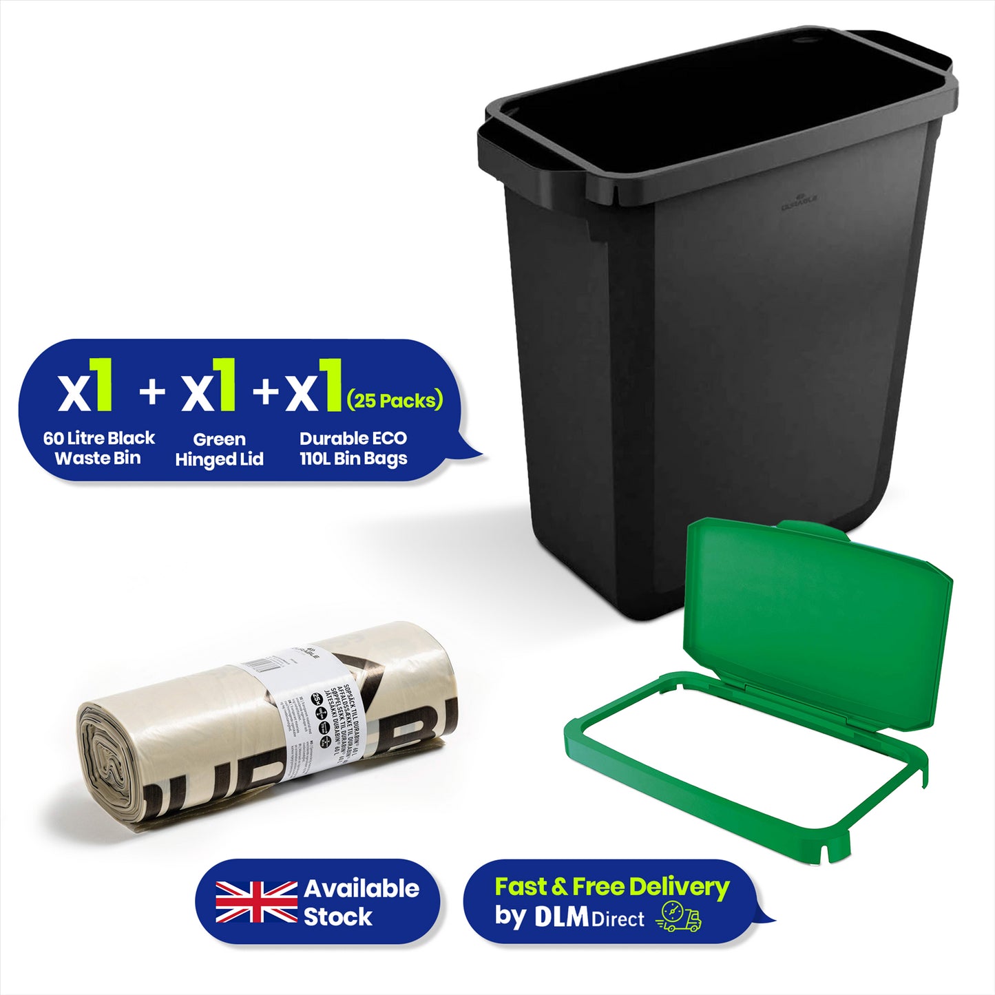 DURABIN 60L Black Bin Set and Green Hinged Lid with 25x 110L Bin Bags