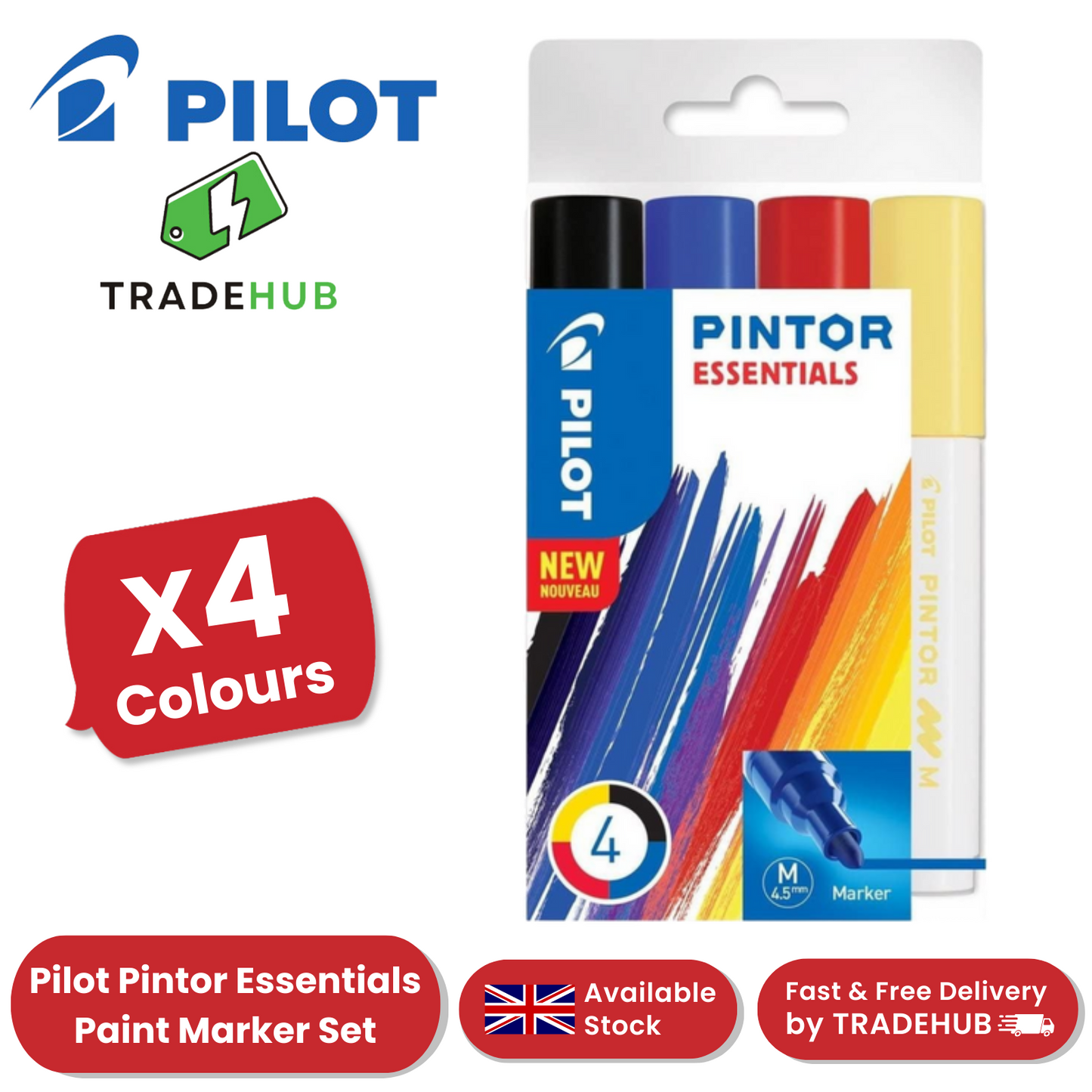 Pilot Pintor - Wallet of 4 - Medium - Black. Blue, Red, Yellow