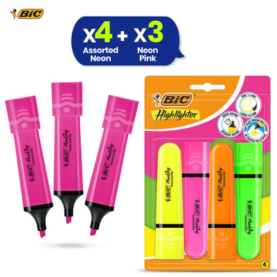 BIC Highlighter Flat Marker Neon Pink Pack of 3 & 4x Assorted Chisel Tip Quick Dry