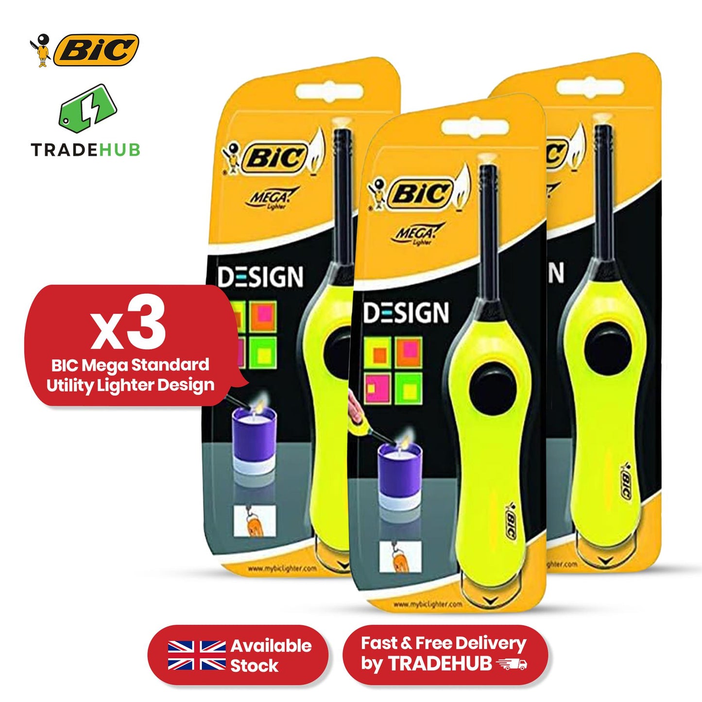 BIC Mega Utility Lighter - Plastic 6cm Wand Cooking Lighter, Push Button Lighters for BBQ