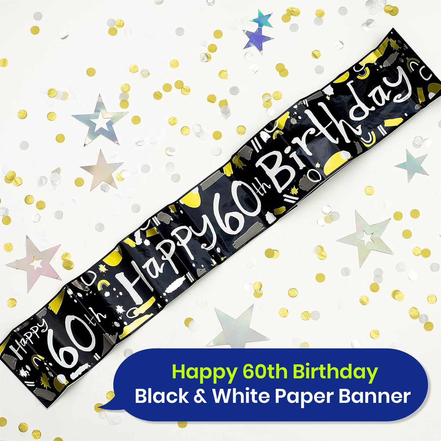 Happy 60th Birthday Black and White Banner 2.6m Party Decor for Milestone Celebration