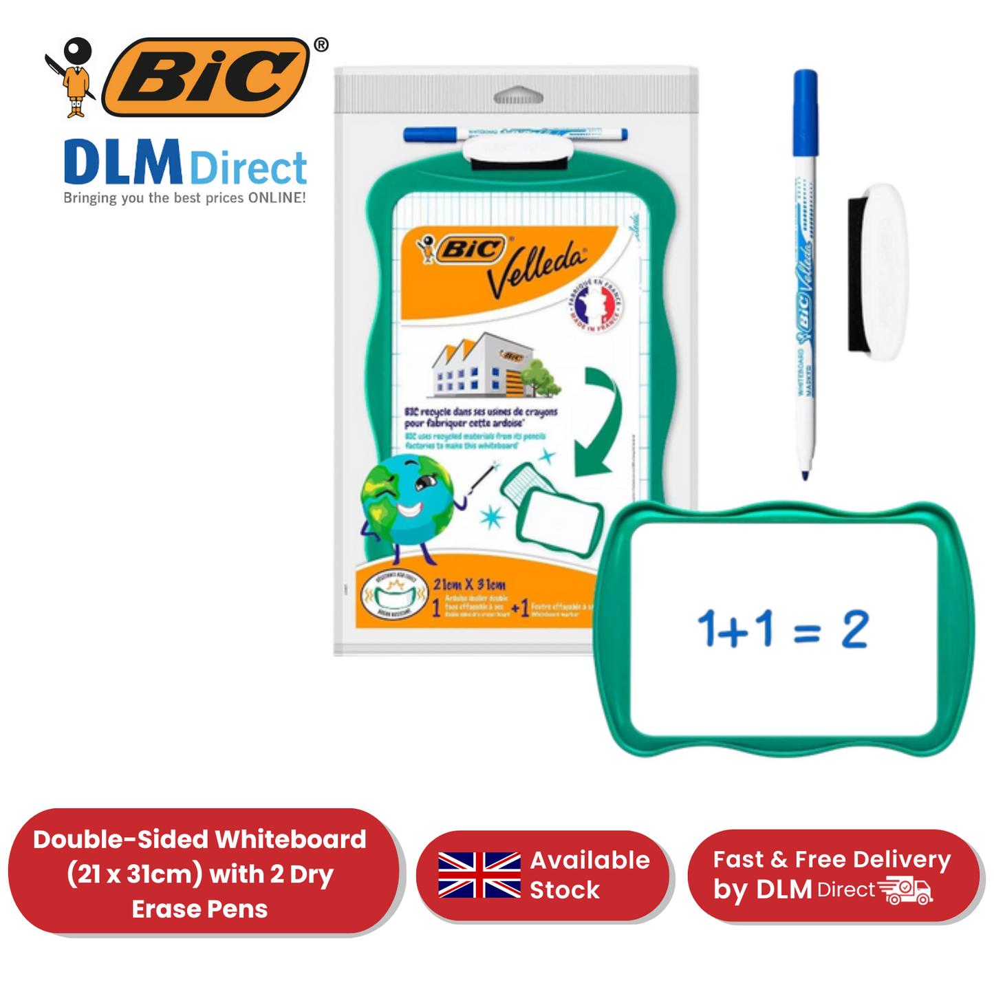 BIC Velleda Double-sided Whiteboard (21 x 31cm) with 2 Dry Erase Pens -2 to 36