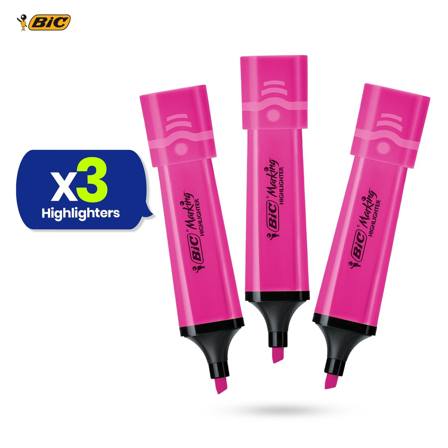 BIC 3x Marking Highlighter Flat Marker Neon Pink Modular Tip for Precise Highlighting