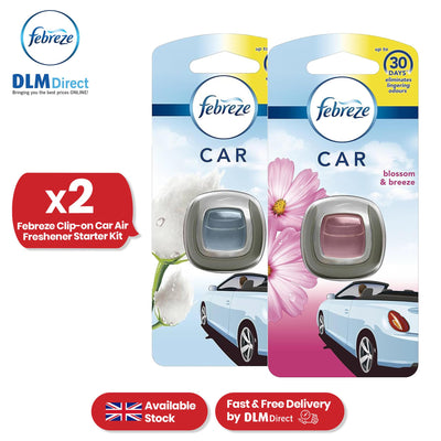 Febreze Clip-On Car Air Freshener - 2ml Cotton Fresh & Blossom Breeze Gel Air Freshener for Bad Smell (Pack of 2)