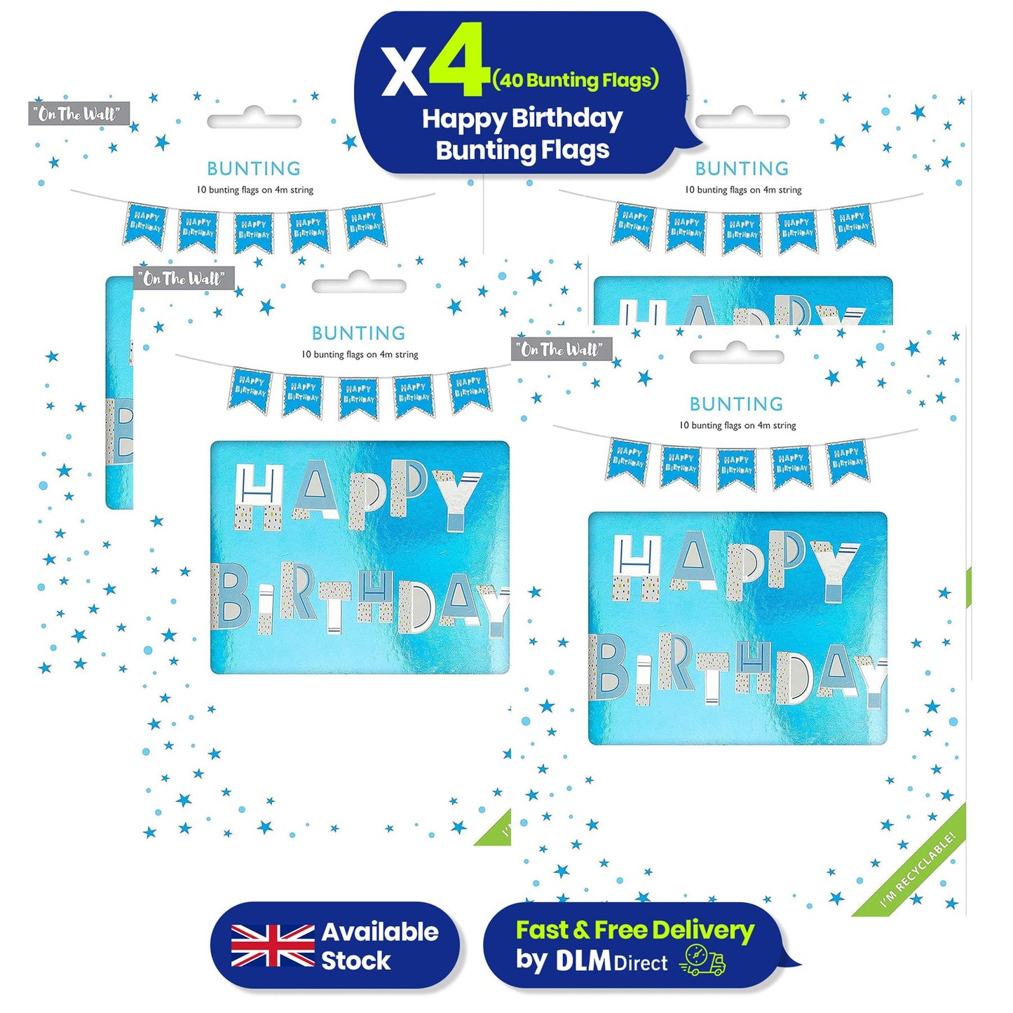 Happy Birthday Blue Bunting Reusable Party Decor 4m with 10 Flags
