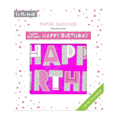 Happy Birthday Pink Recyclable Paper Banner 260cm Party Decor for Kids Adults