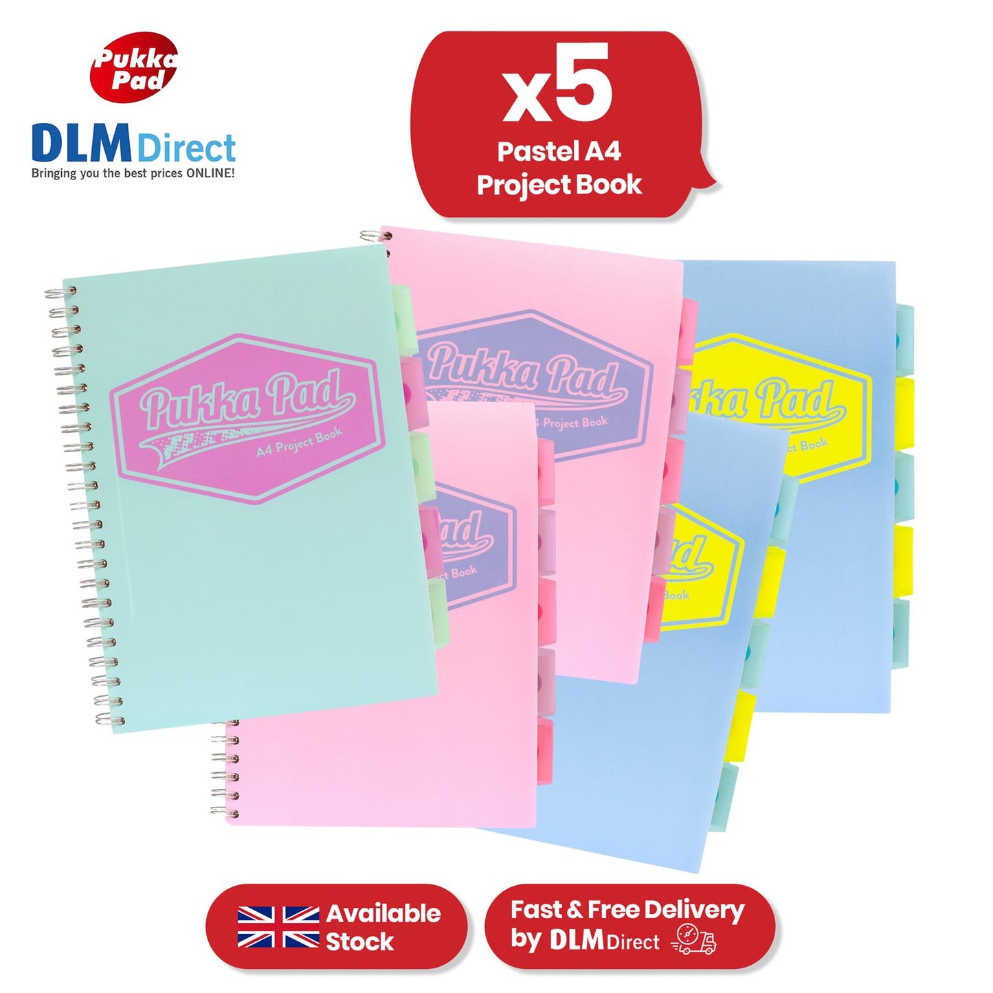 Pukka Pad Project Book - Assorted Pastel Divider Notebook, 200 Pages A4 Notepad for Meetings