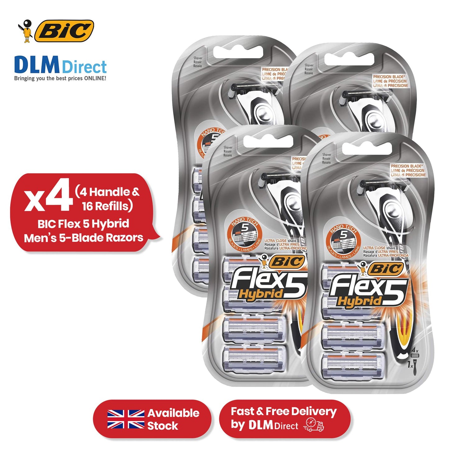 BIC Flex 5 Hybrid, Men's 5-Blade Razors, Precision Blade for Accuracy, Pack with 1 Handle and 4 Refills