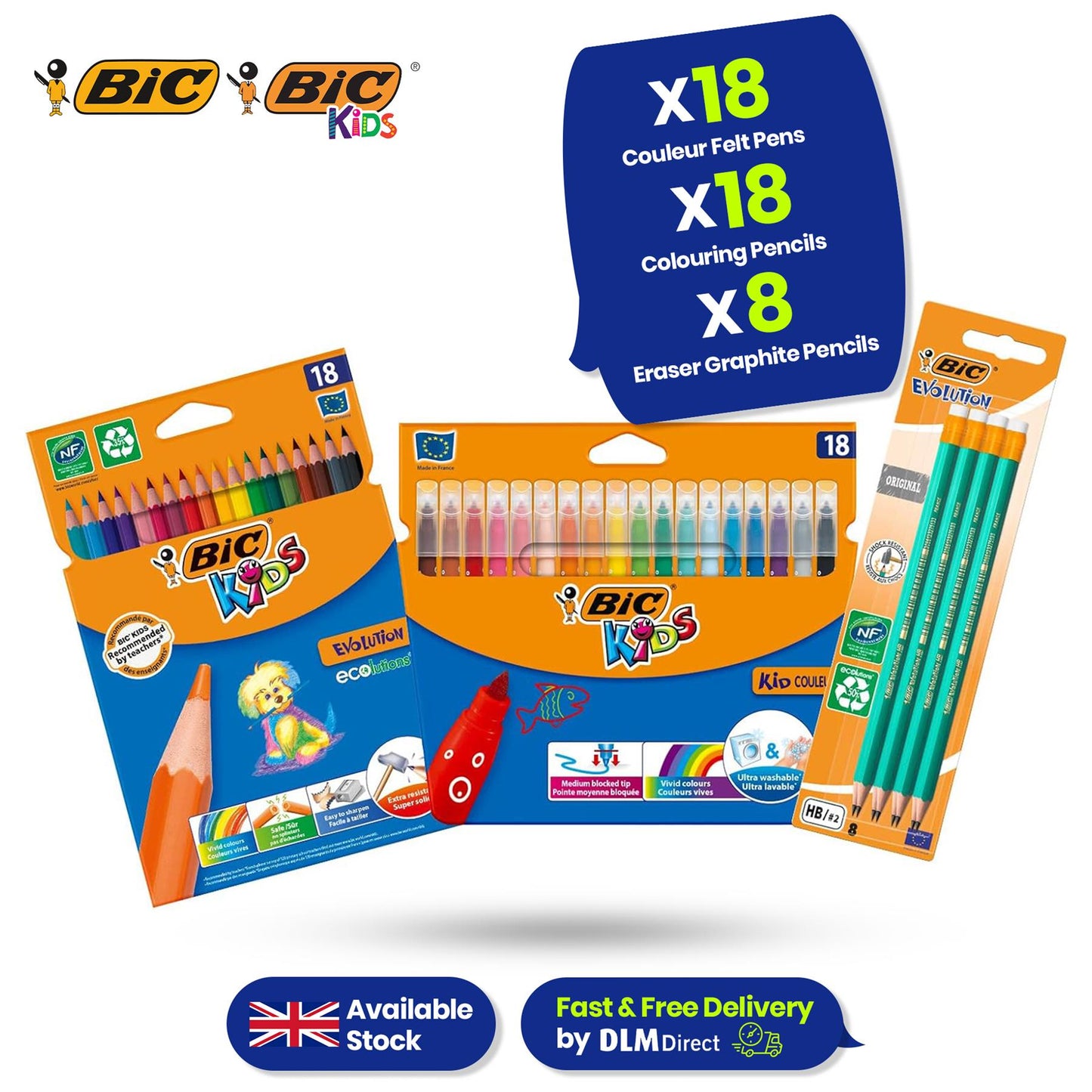 BIC Evolution Original Eraser Graphite Pencils, BIC Kids Couleur Felt Pens, BIC Kids ECOlutions Colouring Pencils, Set of 1