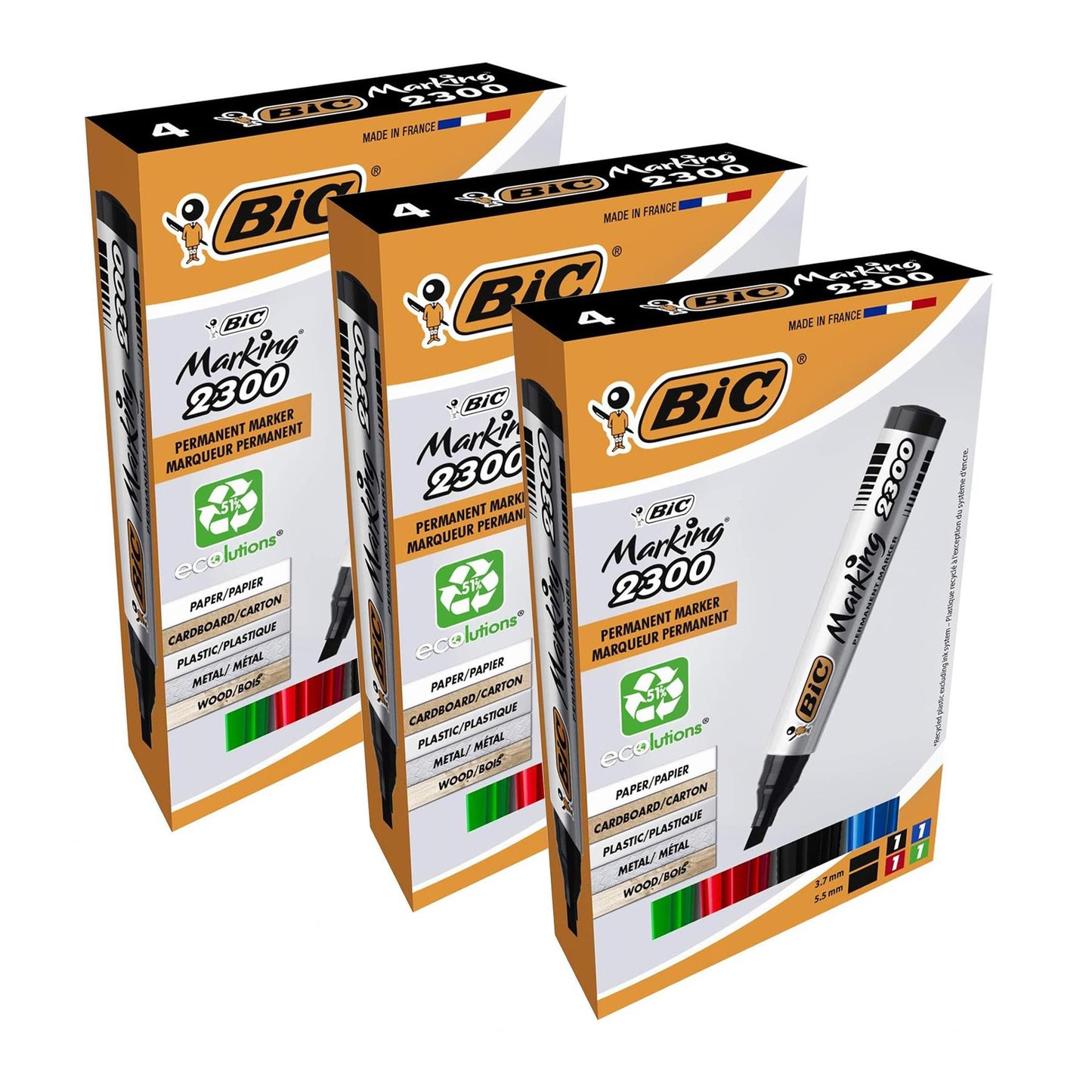 Bic 2300 Bullet Tip Permanent Marker Black, Blue, Red, Green) Pack of 4 Markers