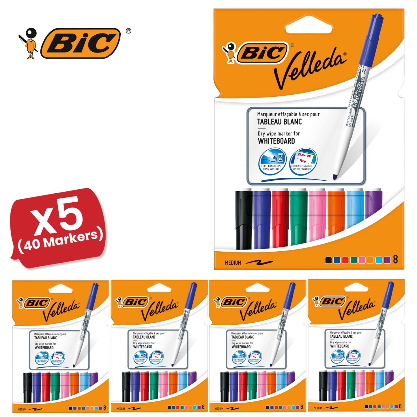 Bic Velleda 1741 Whiteboard Drywipe Assorted Marker - Pack of 8 - 1 to 5 Packs