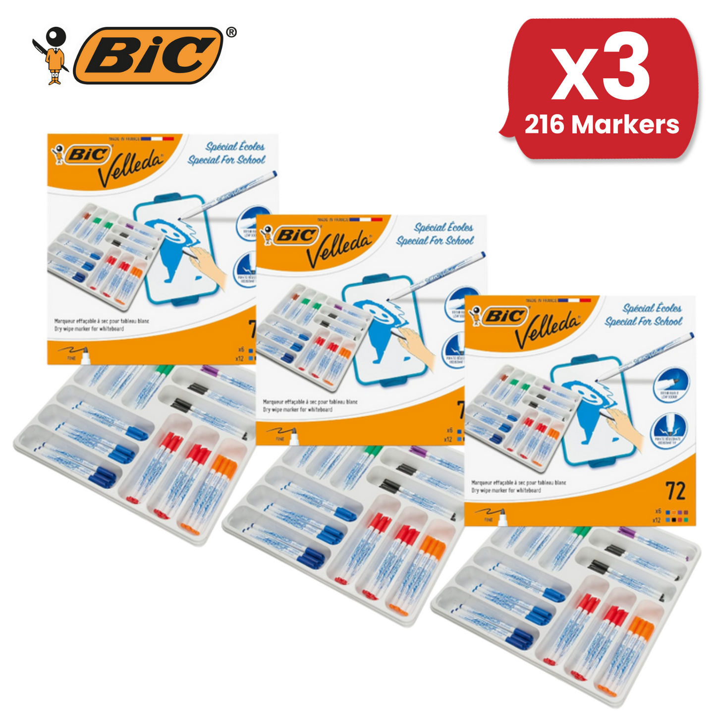 BIC Velleda Whiteboard Marker Pens Fine Tip - Assorted Colours, Classpack of 72