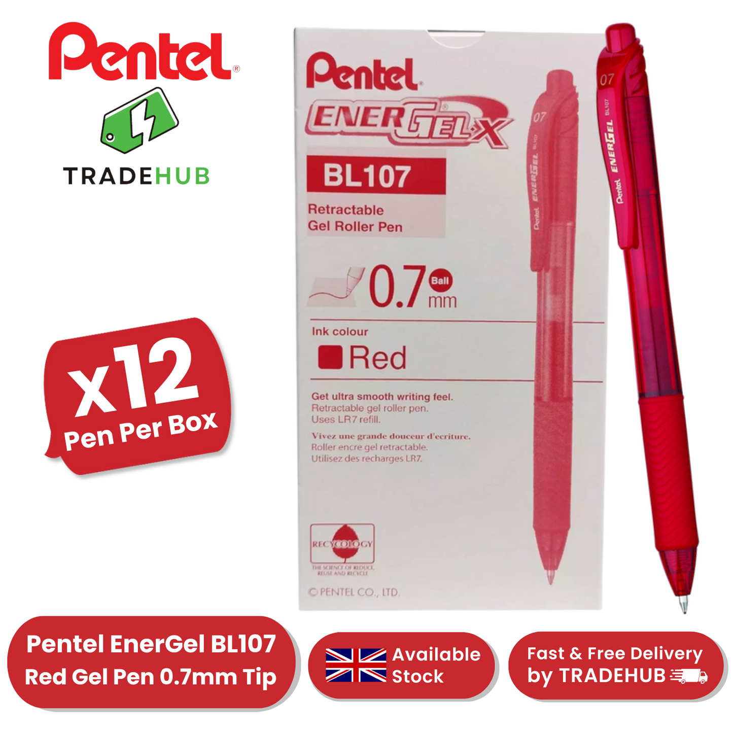 Pentel EnerGel X BL107-B - Red - Pack of 12