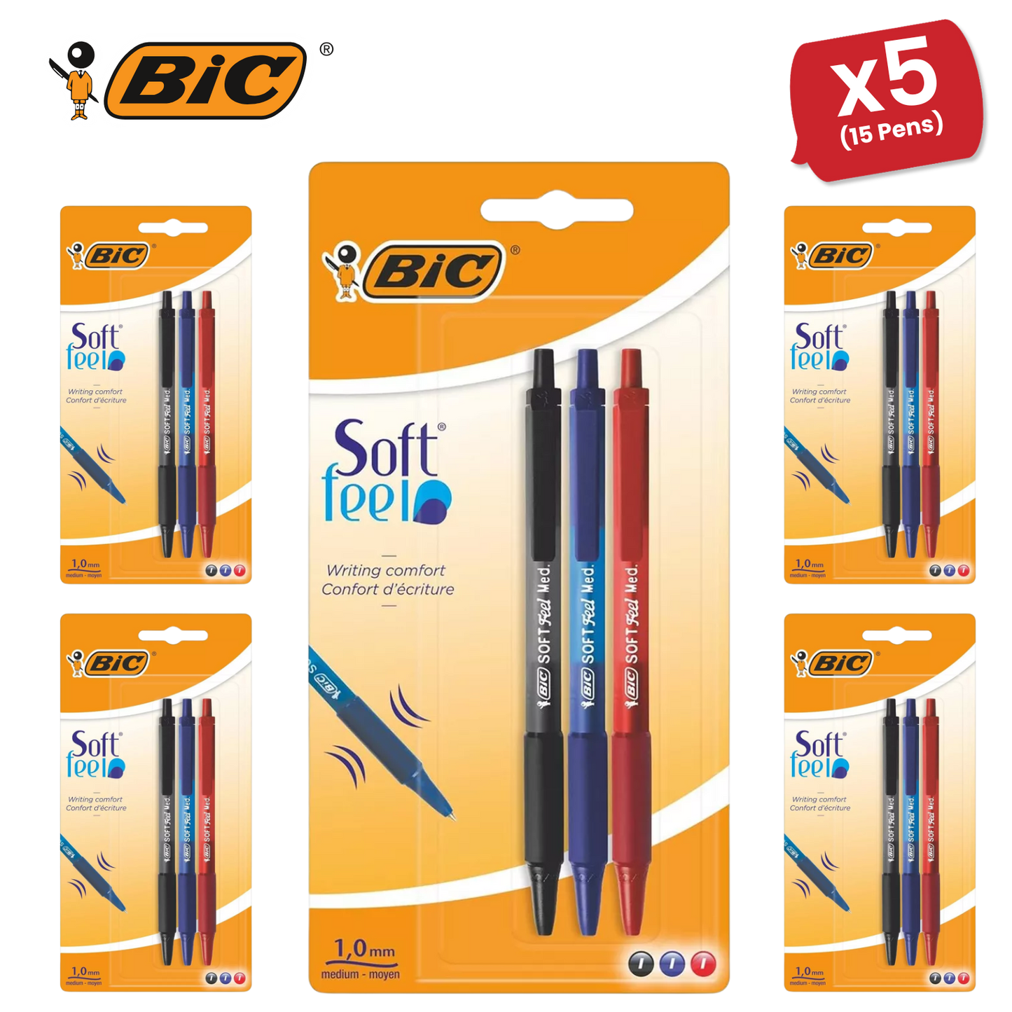 Bic Soft Feel Ballpoint Pens Medium Point (1.0 mm) (Black,Blue,Red), Pack of 3