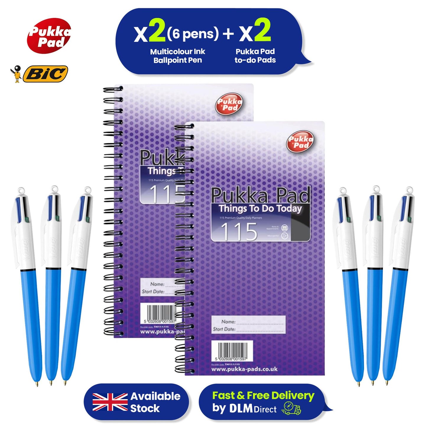 BIC 4 Colour Pen Medium Point 6 Pens - 2x Pukka Pad Daily Things To Do Today Planner Notepads
