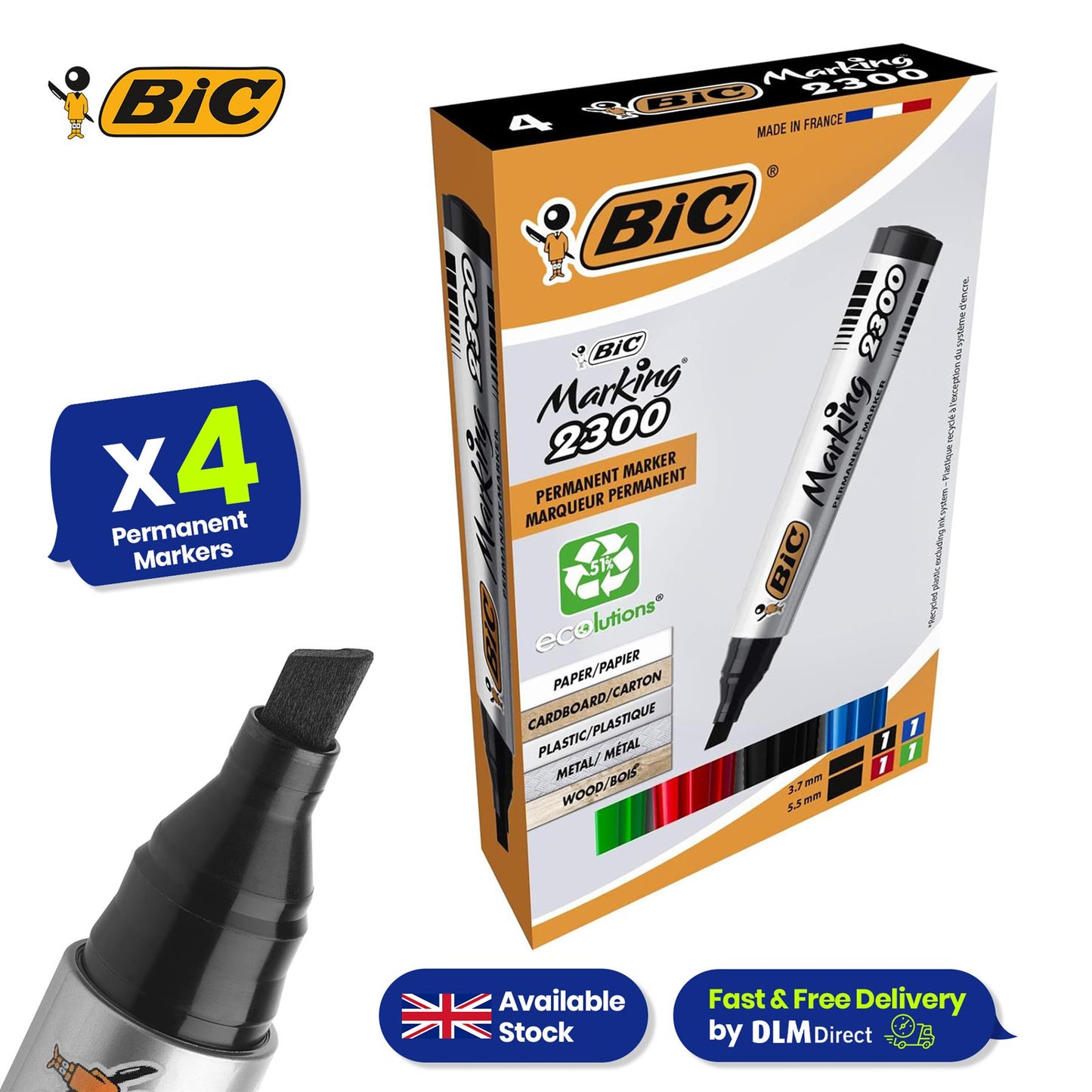 Bic 2300 Bullet Tip Permanent Marker Black, Blue, Red, Green) Pack of 4 Markers