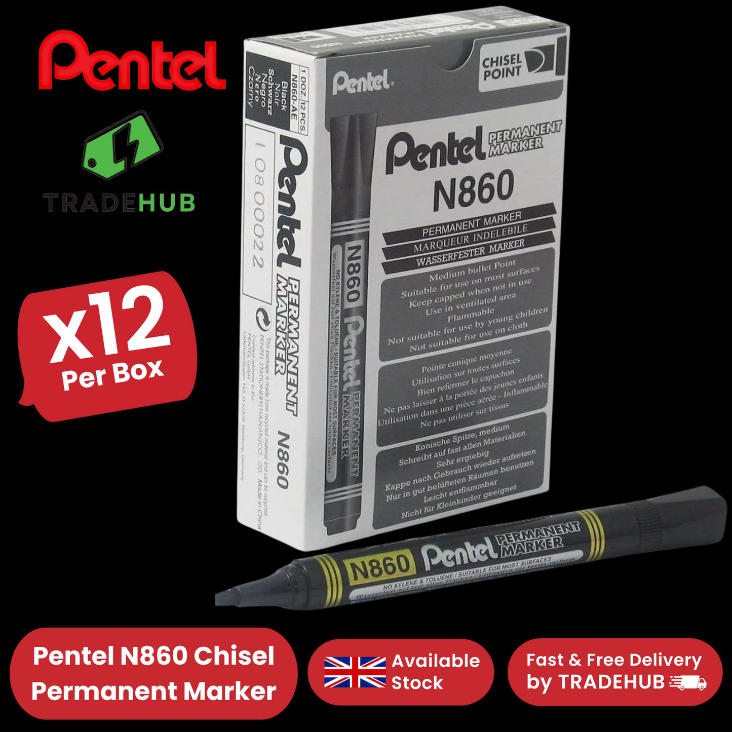 Pentel N860 PERMANENT CHISEL MARKER BLACK - Pack of 12