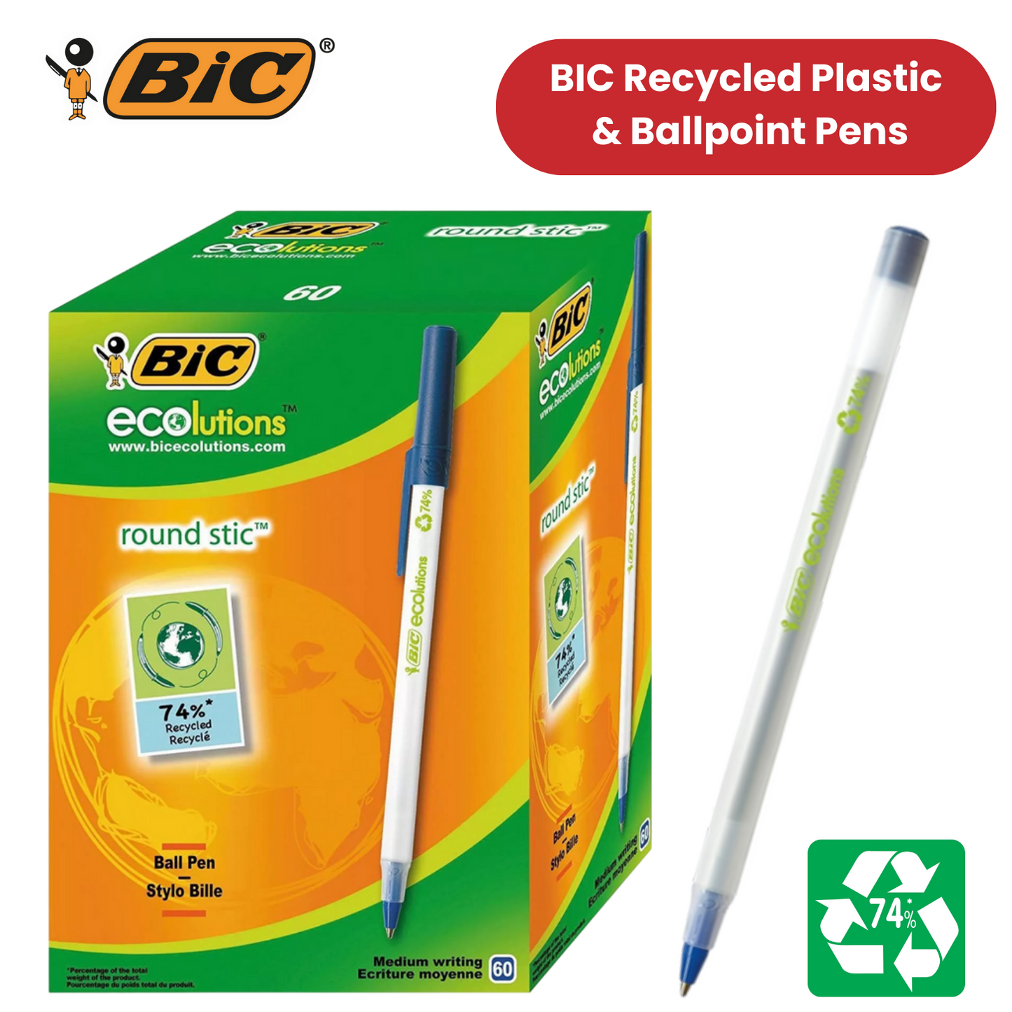 BIC Ecolutions Round Stic Ballpoint Pens - Blue Ink, 1.0mm Tip - Box of 60