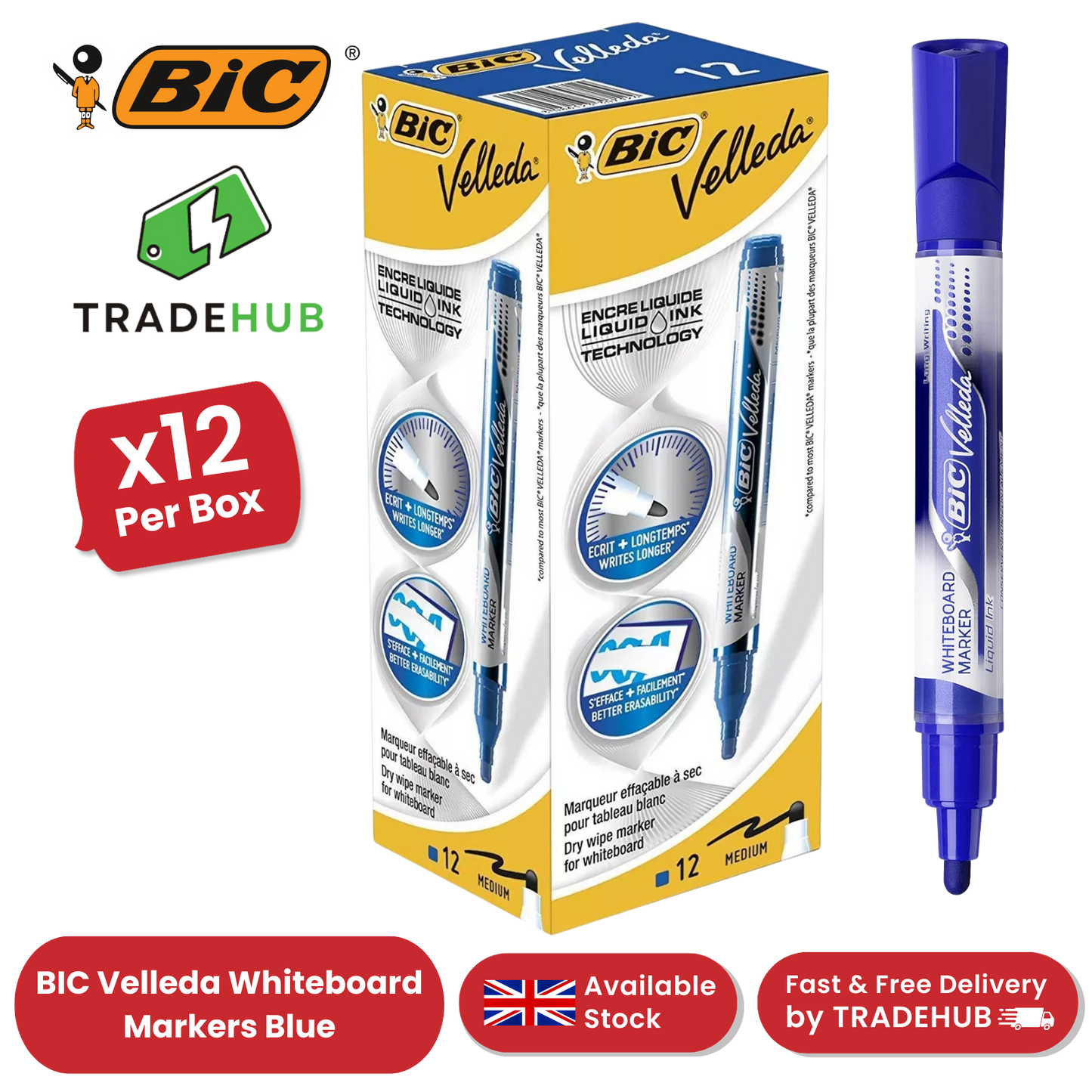 BIC Velleda Liquid Ink Dry Wipe Markers - Blue Ink, Smooth Writing, Pack of 12