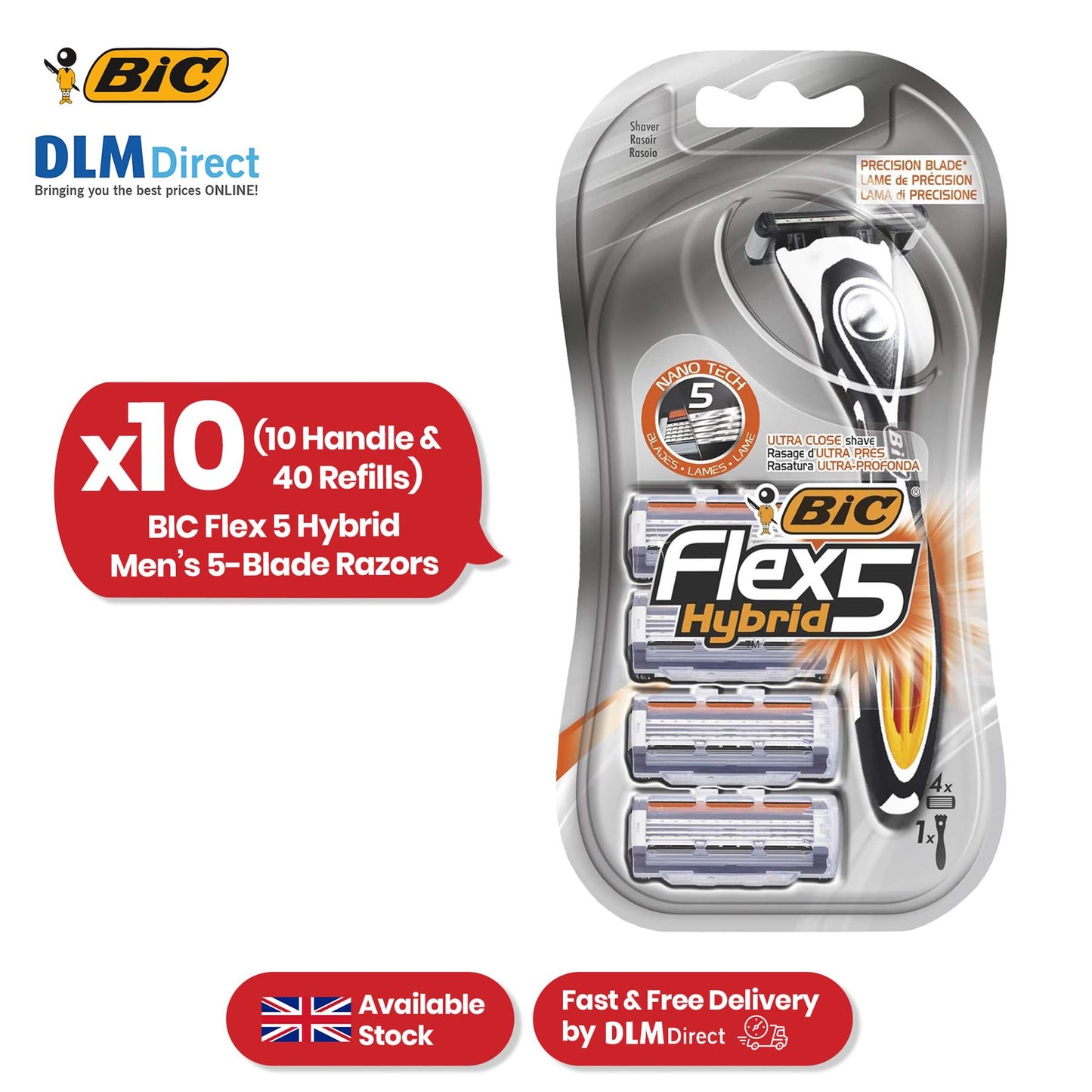 BIC Flex 5 Hybrid, Men's 5-Blade Razors, Precision Blade for Accuracy, Pack with 1 Handle and 4 Refills