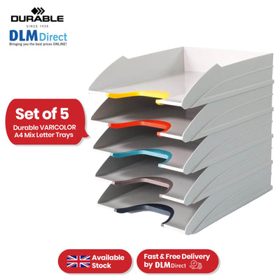 Durable VARICOLOR Letter Trays - 5 ABS Paper Organiser, Colour Grip Handles A4 Paper Trays for Desk
