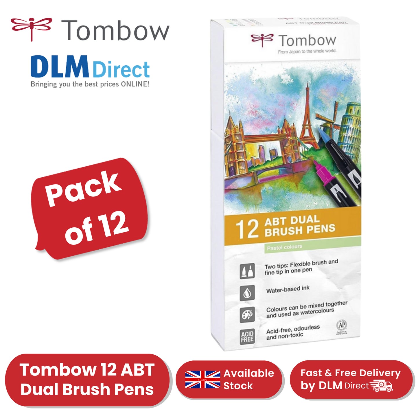 Tombow ABT Dual Brush Pens Pastel Colors Water-Based, Blendable - Pack of 12