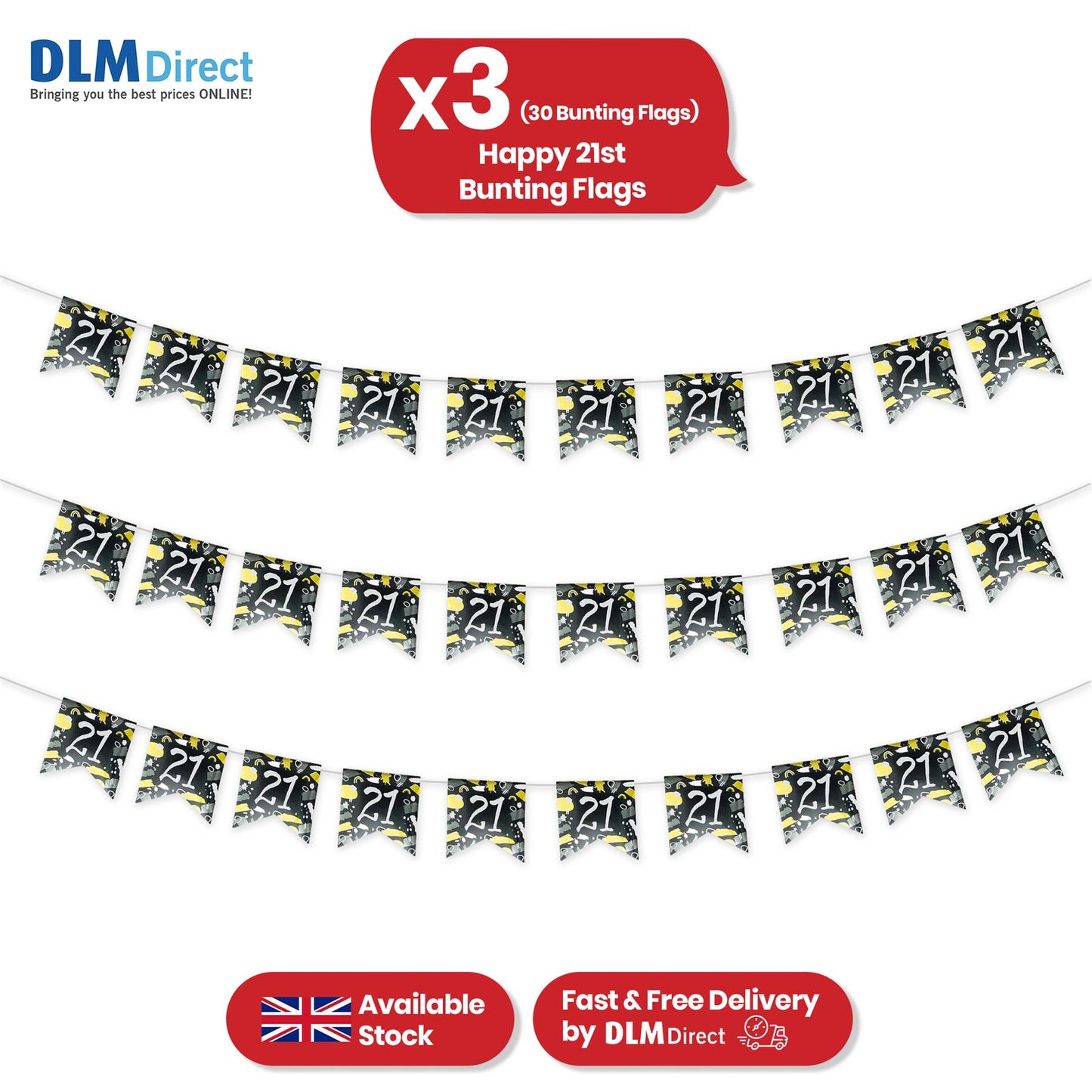 Happy 21st Birthday Black and White Bunting Hanging Party Decoration