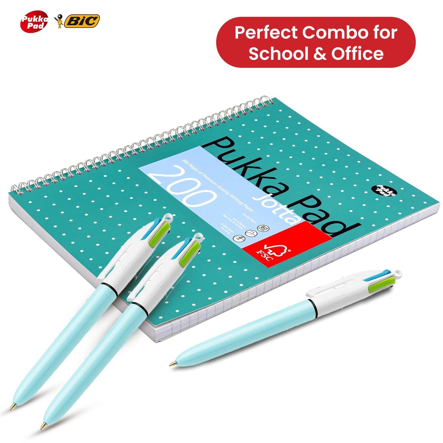 Pukka Pad 3x A4 Jotta Notebook & Pack of 3 BIC 4 Colour Fun Pen Ideal for School and Office Use