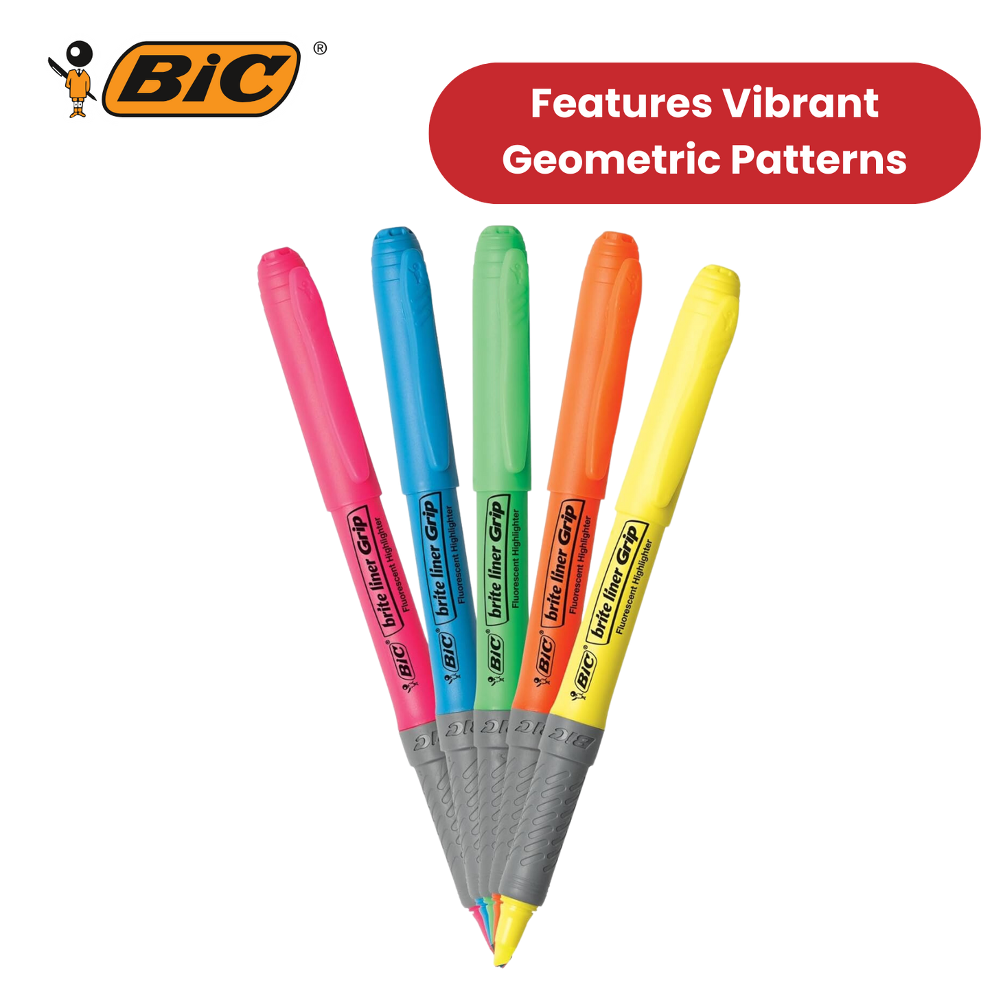 Bic brite liner Grip (1.6 to 3.3 mm) Chisel Tip Highlighter Pen Assorted (1 x Pack of 5 Highlighter Pens) - 1 to 5 Packs