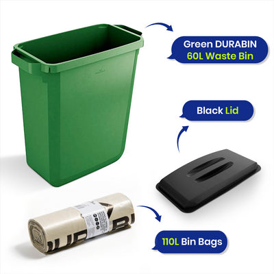 DURABIN 60L Green Bin Set & Black Lid and 25x 110L Recycled Bin Bags