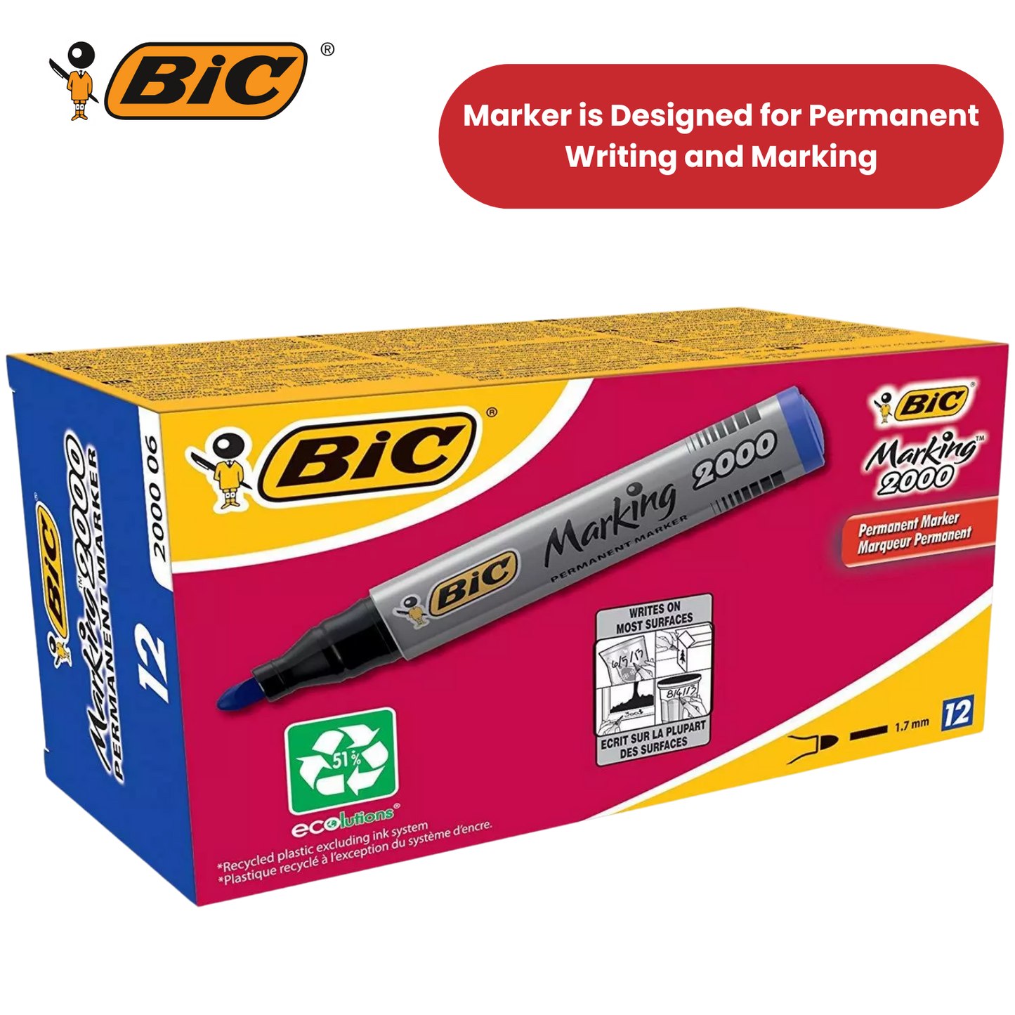 BIC Marking 2000 ECOlutions Permanent Bullet Tip Markers Blue - Box of 12 - 1 to 5 Packs