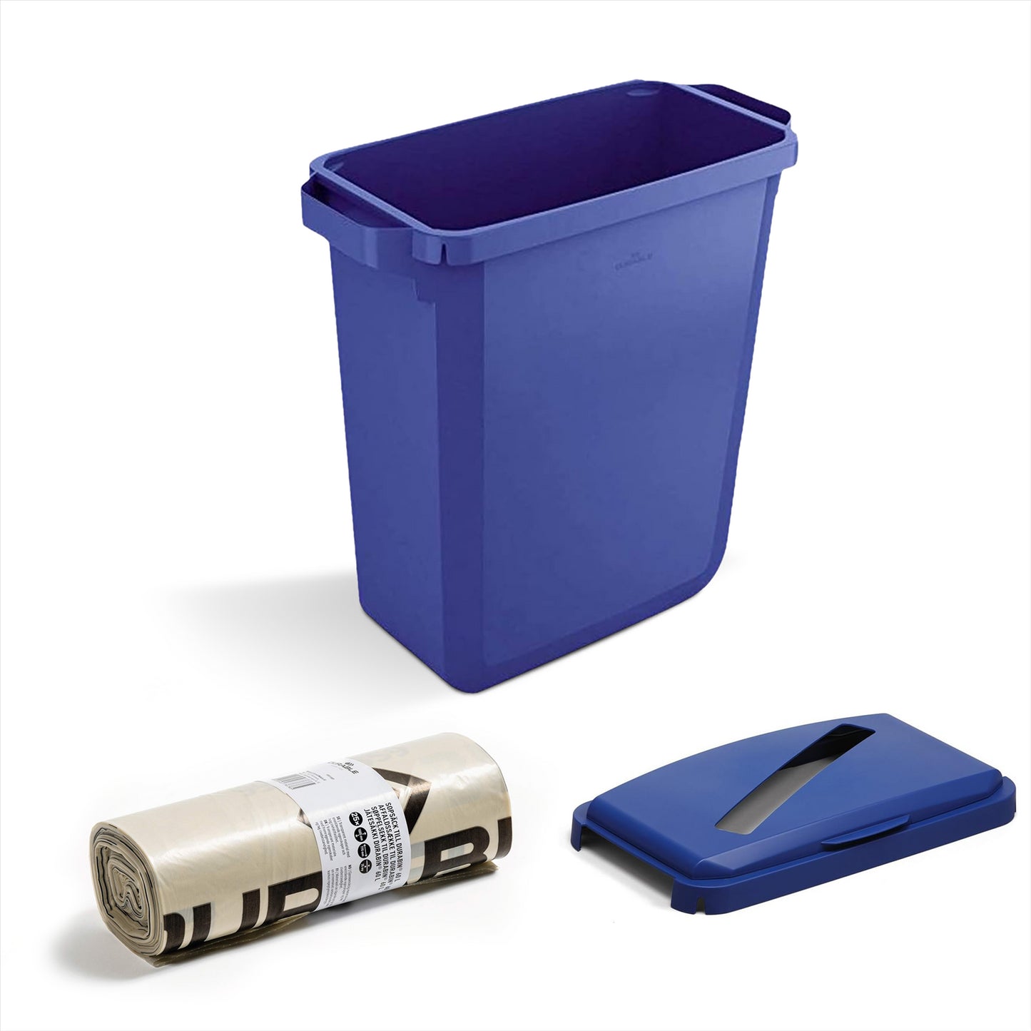DURABIN 60L Blue Bin Set & Blue Hinged Lid with Paper Slot & 25x 110L Eco Bin Bags