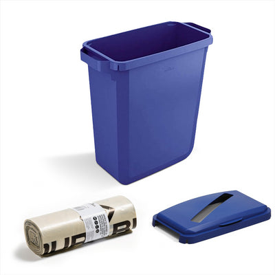 DURABIN 60L Blue Bin Set & Blue Hinged Lid with Paper Slot & 25x 110L Eco Bin Bags