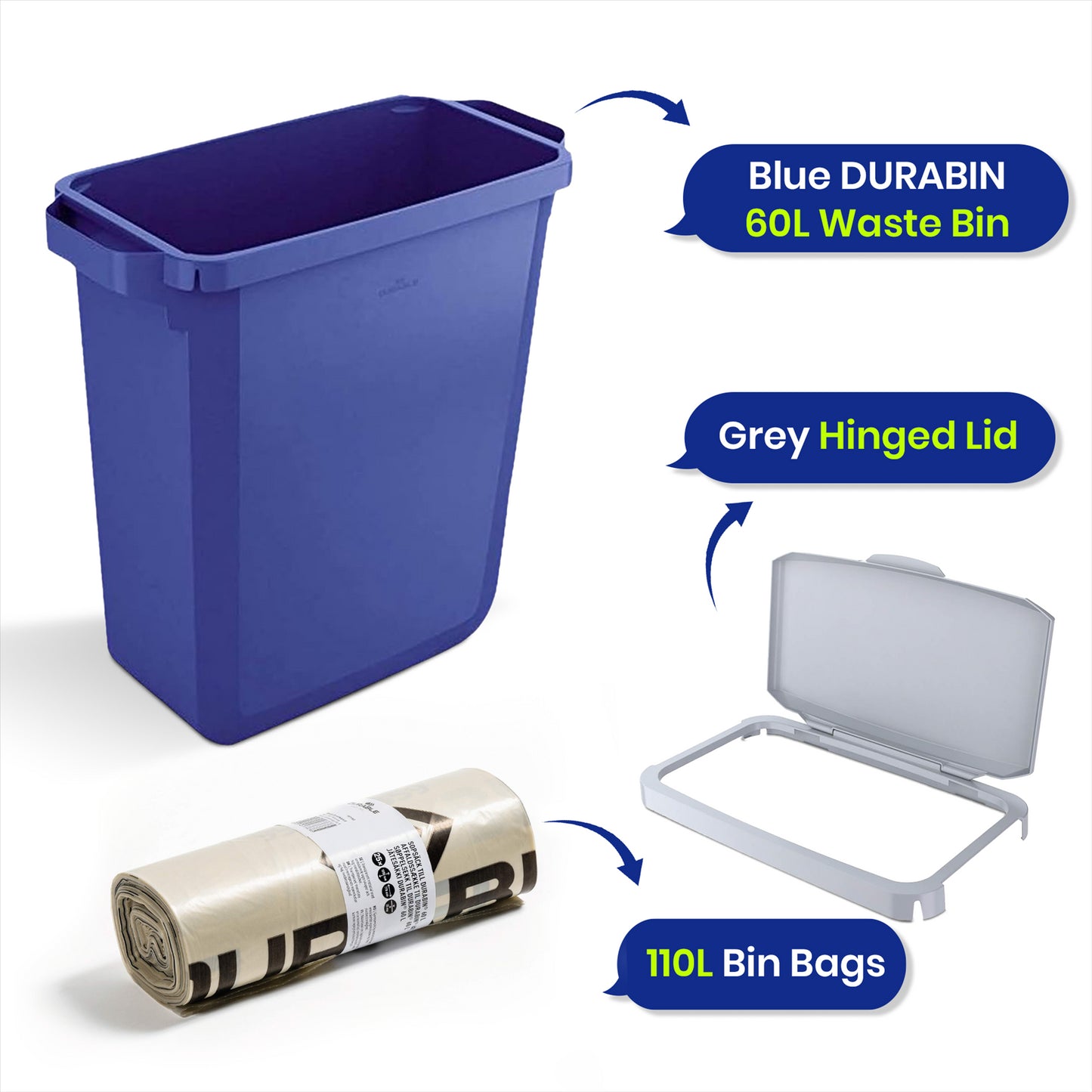 DURABIN 60L Blue Bin Set & Green Hinged Lid and 25x 110L Recycled Bin Bags