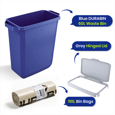 DURABIN 60L Blue Bin Set & Green Hinged Lid and 25x 110L Recycled Bin Bags