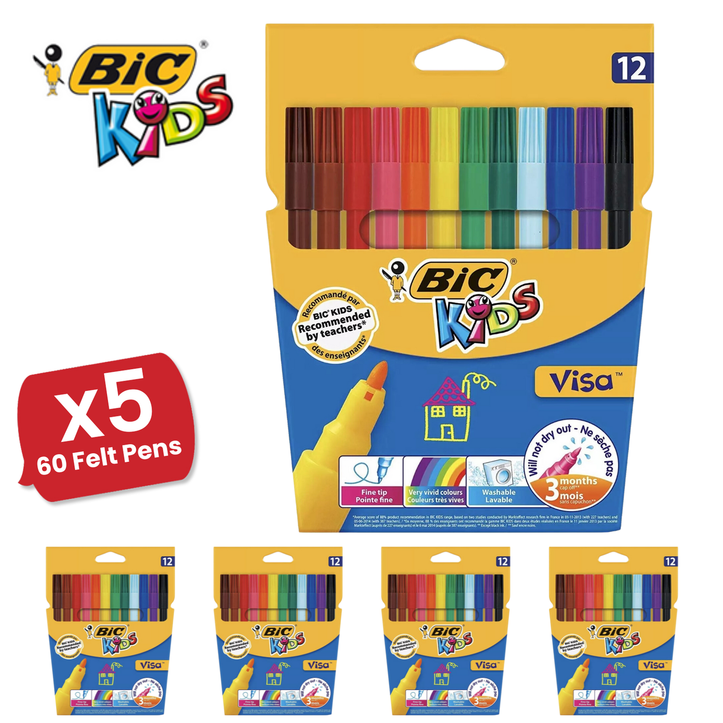 BIC Kids Visa Felt Pens Assorted Colours - Wallet of 12 - 1 to 5 Packs