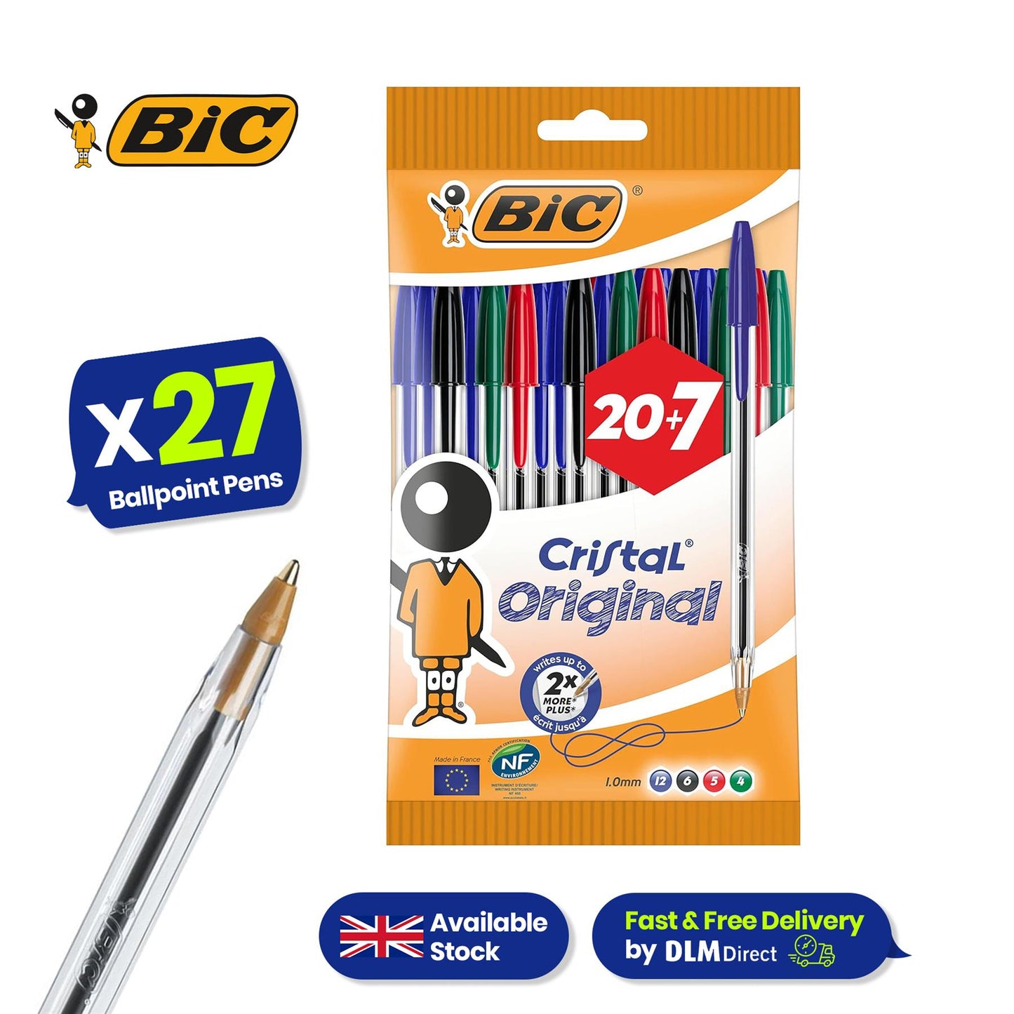 BIC Cristal Original Ballpoint Pens Medium Point (1.0 mm) Assorted Colours, Pouch of 20+7