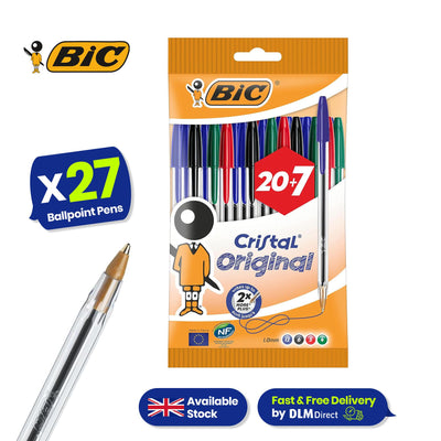 BIC Cristal Original Ballpoint Pens Medium Point (1.0 mm) Assorted Colours, Pouch of 20+7