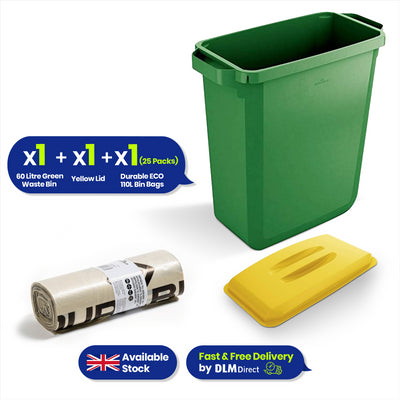 DURABIN 60L Green Bin Set & Yellow Lid and 25x 110L Recycled Bin Bags