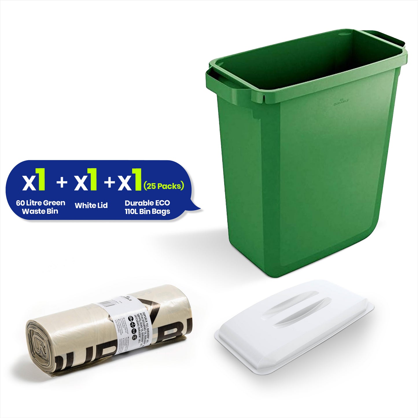 DURABIN 60L Green Bin Set & White Lid and 25x 110L Recycled Bin Bags