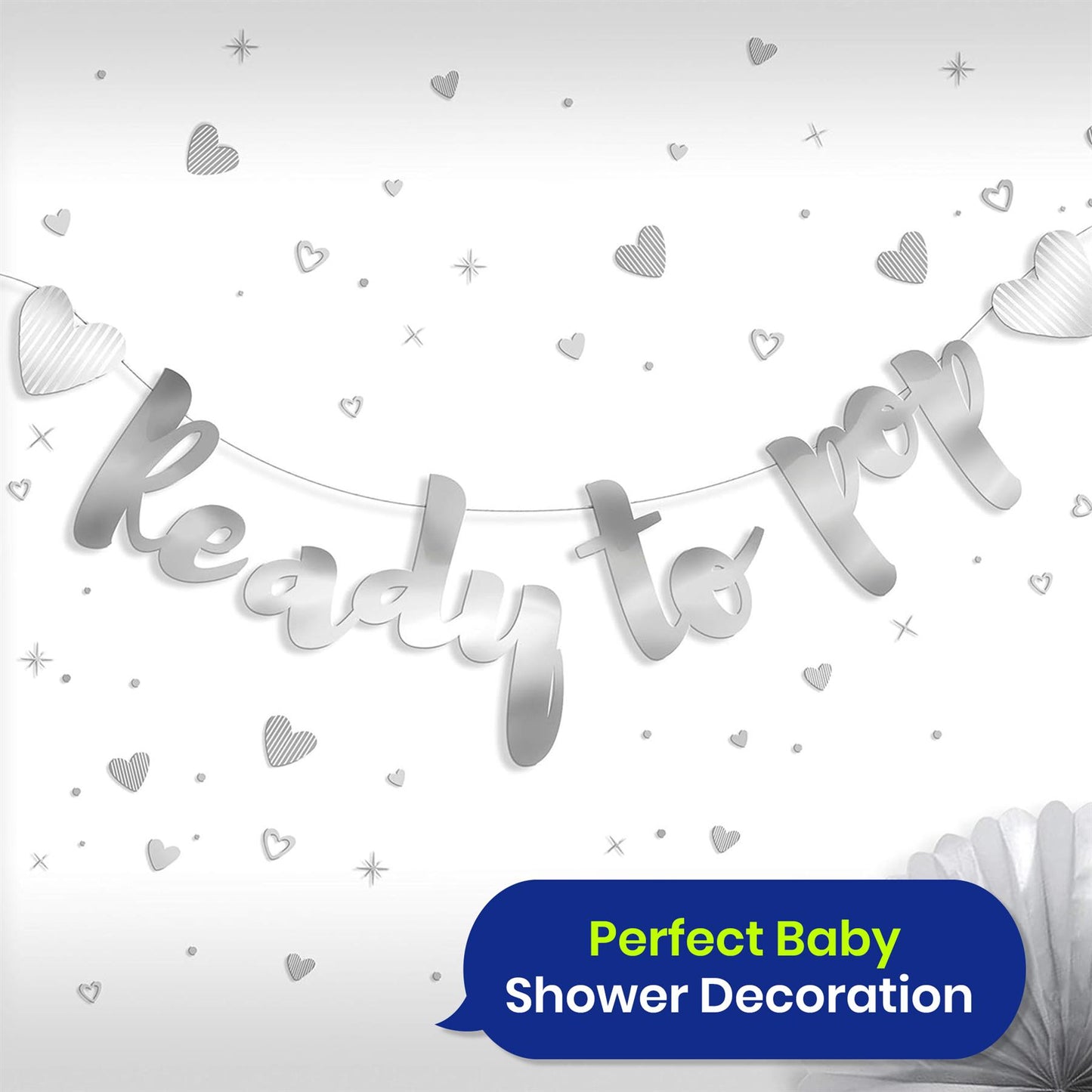 Ready to Pop Baby Shower Banner 1.5m Silver Foil Gender Neutral Baby Bunting Décor