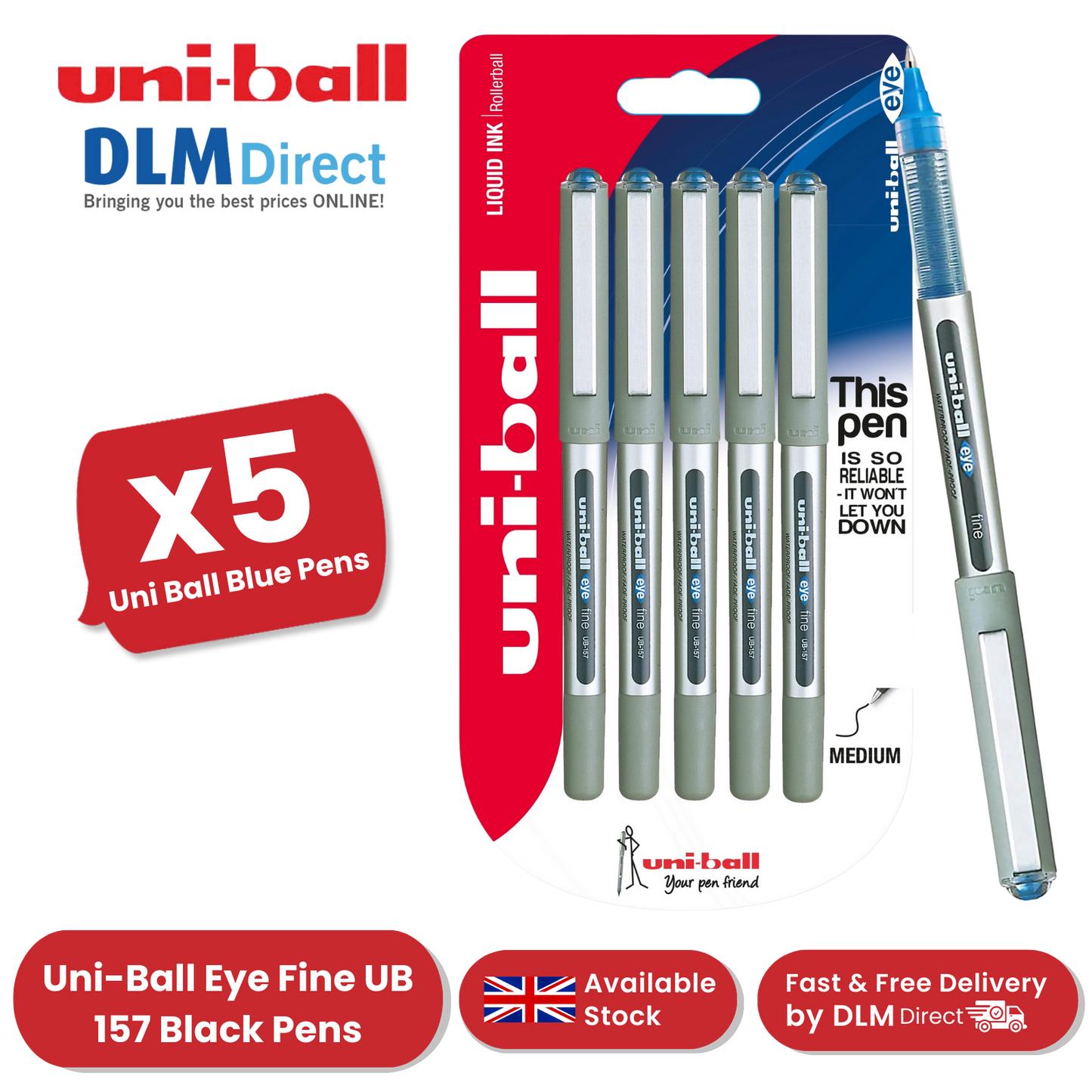 Uni-Ball Eye UB-157 Fine Rollerball Smooth Waterproof Ink Pack of 5 - Blue Pens