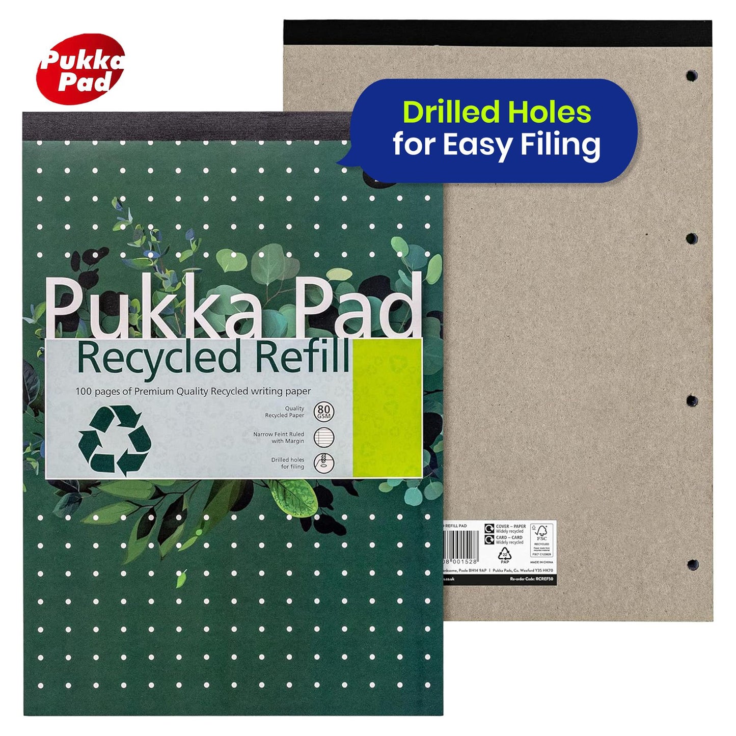 6x PUKKA PAD A4 Recycled Refill Notepad 110 Pages Feint Ruled for Office and Study