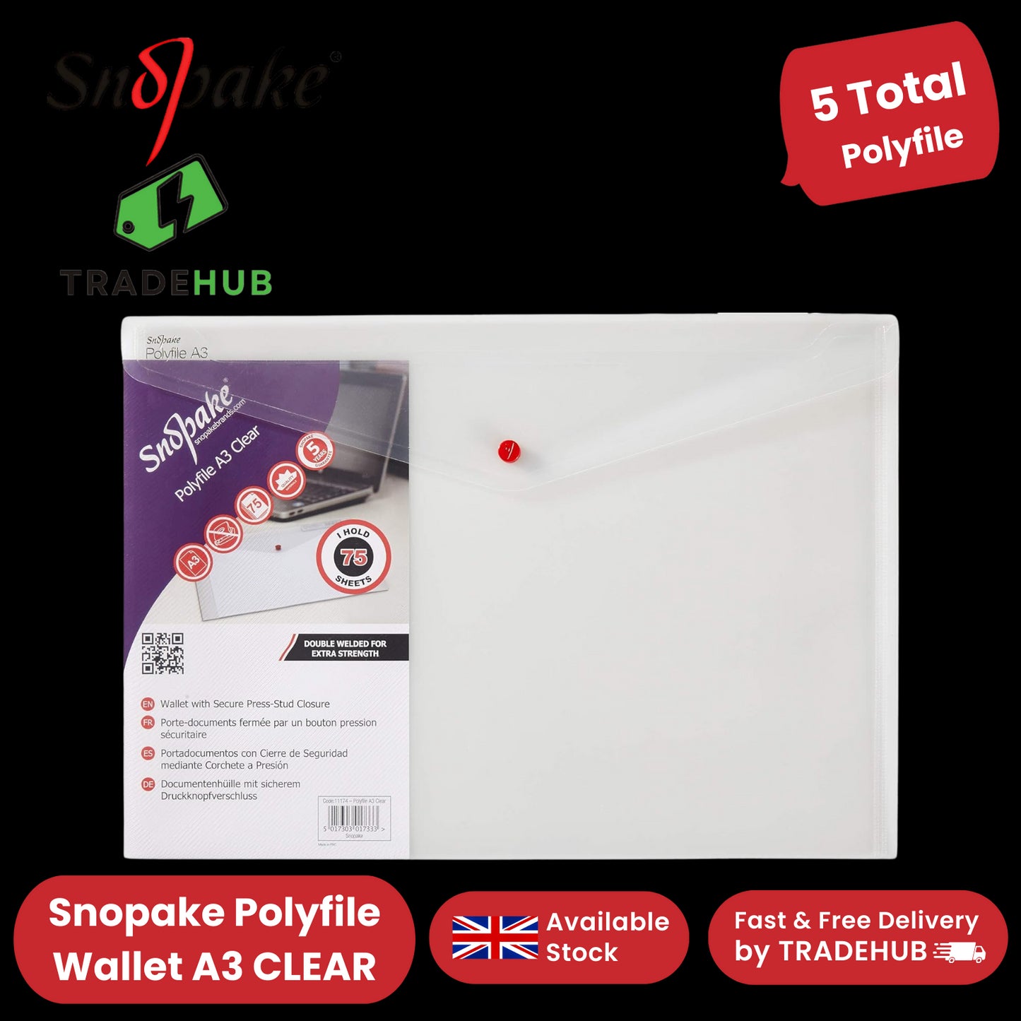 Snopake Polyfile Wallet A3 Clear - Durable Document Storage Solution Pack of 5