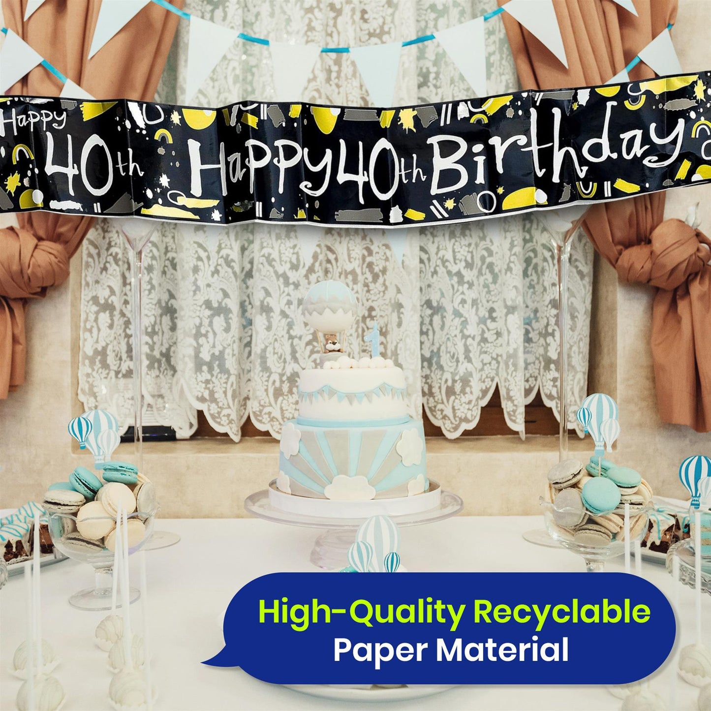 Happy 40th Birthday Black and White Banner 2.6m Party Decor for Milestone Celebration