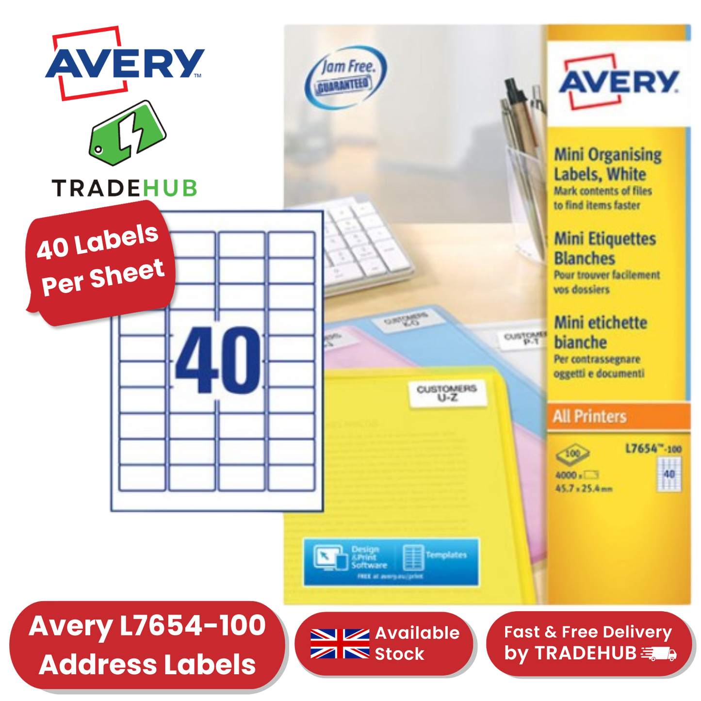 Avery L7654-100 Address Labels, 45.7 x 25.4 mm, Permanent, 40 Labels Per Sheet, 4000 Labels Per Pack